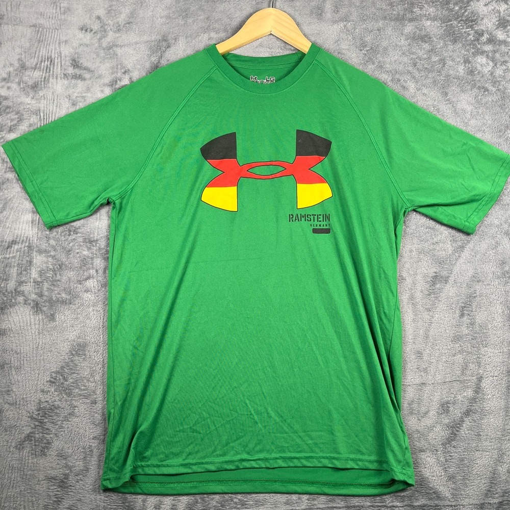 Under Armour T Shirt Men Large Green Ramstein Germany Graphic Logo Raglan Sleeve